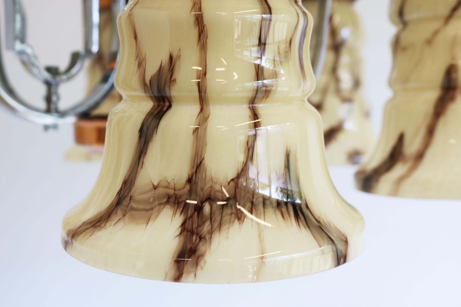 Antique French Art Deco Chandelier 1930 Copper Chrome & Marbled Glass 6 Lights photo 2043.0