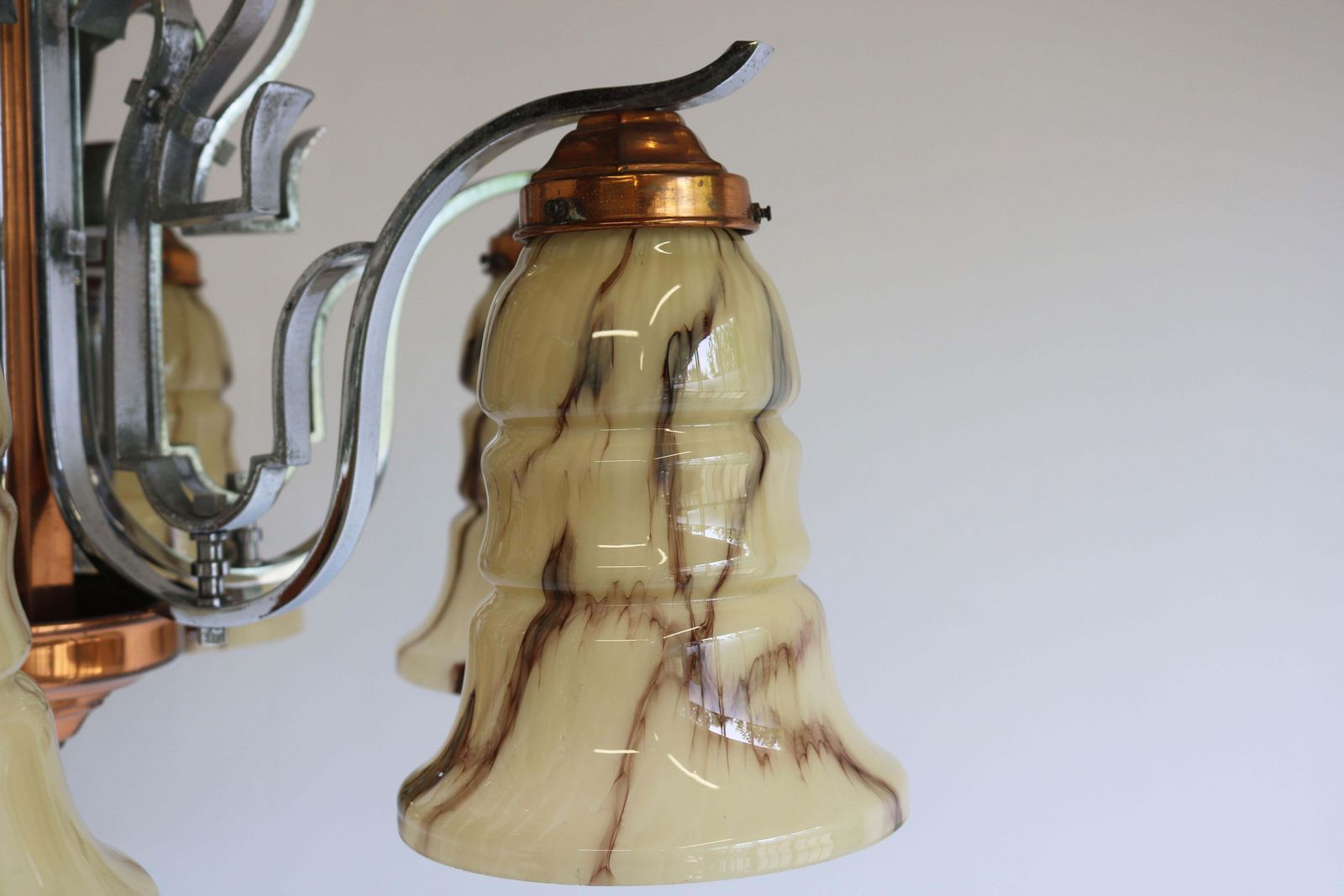 Antique French Art Deco Chandelier 1930 Copper Chrome & Marbled Glass 6 Lights photo vinterior