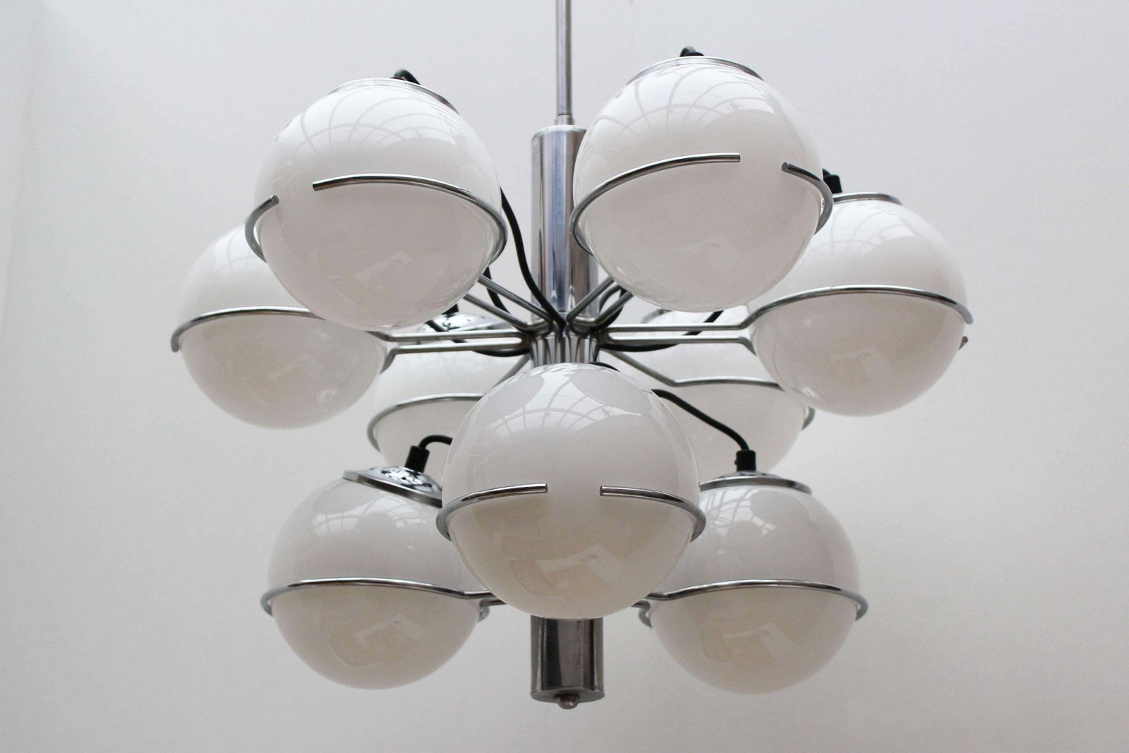 Midcentury Italian Chrome And Opaline Glass Chandelier By Targetti Sankey, 1970 photo furniture