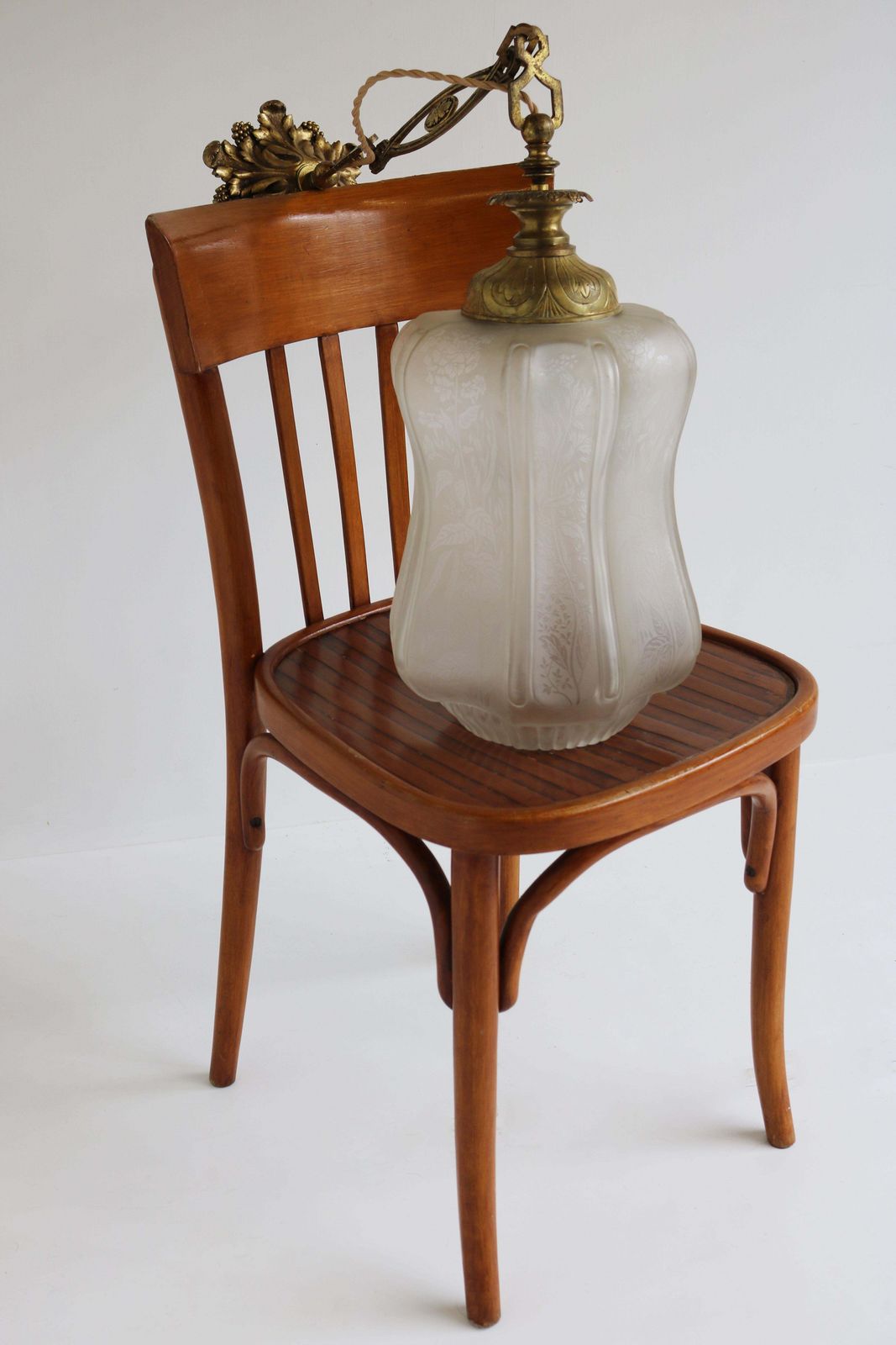 Grote Antieke Franse Art Nouveau Hanglamp, 1910 – Bloemglas Kroonluchter photo vintage