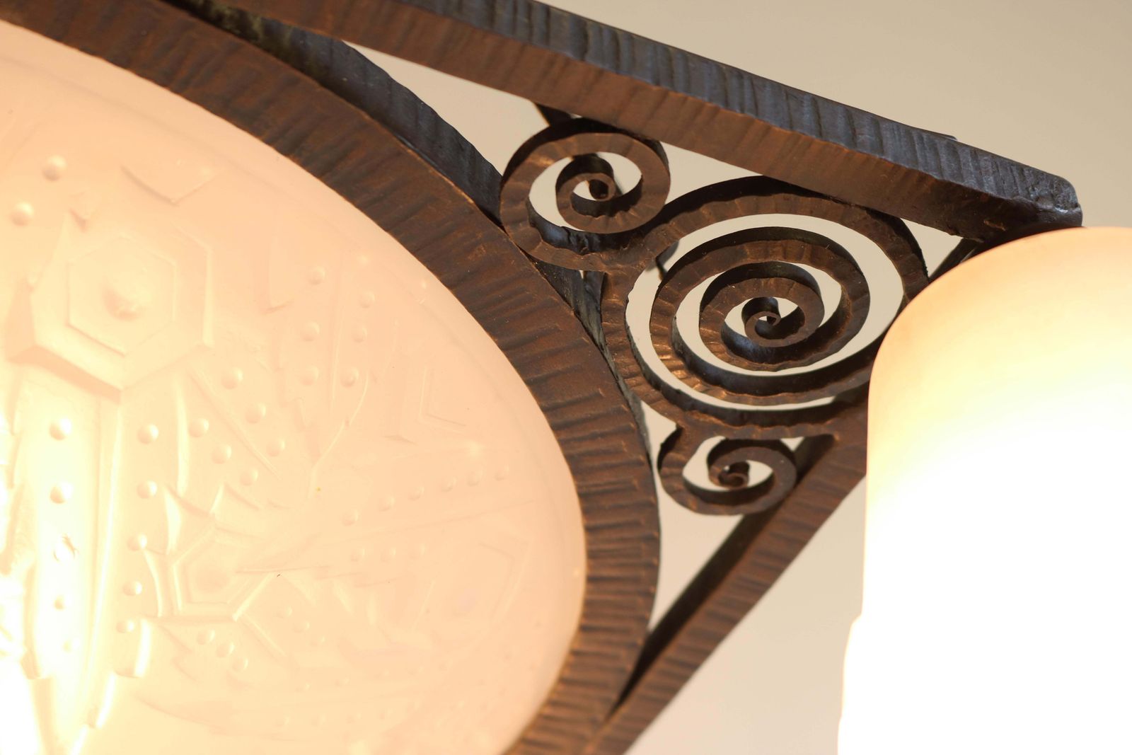 Antique French Art Deco Chandelier By Muller Frères Wrought Iron Geometric 1930 photo 3321.0