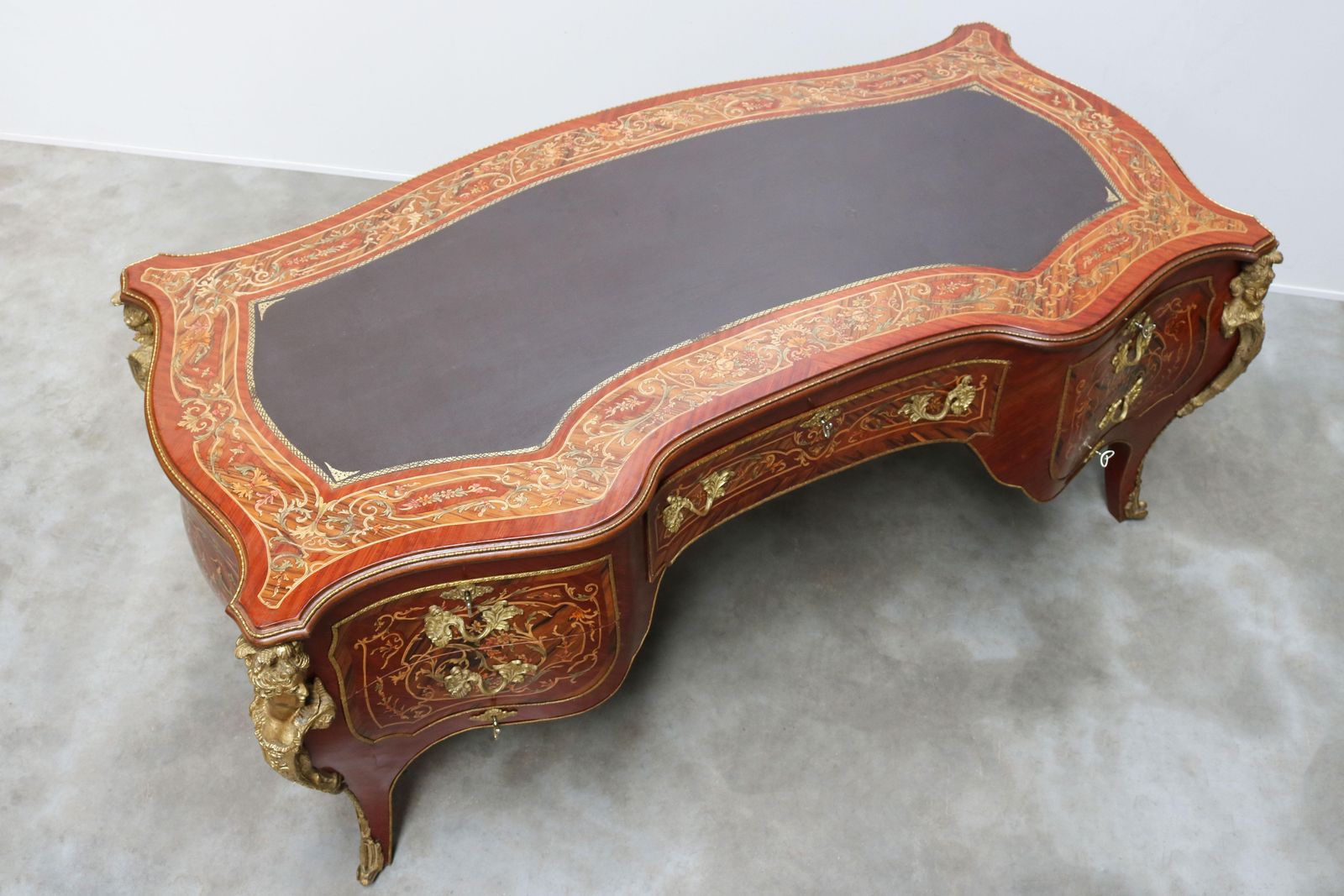 photo for sale Rounded Italian Executive Desk In Louis XV Style Marquetry Bronze 1950 Inlaid
