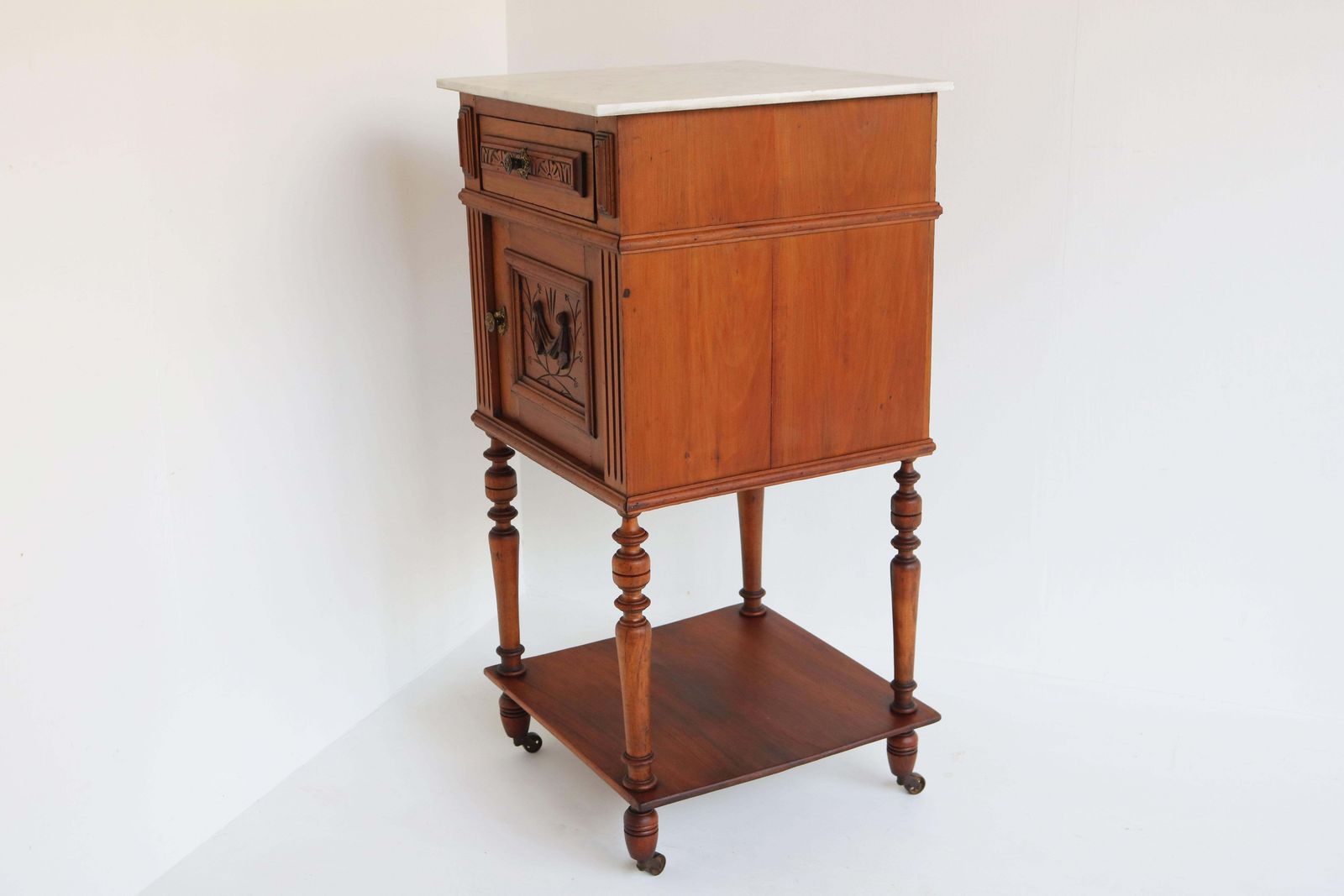 Antique Night Stand / Bedside Table 19th Century Fruitwood & Carrara Marble Top photo vintage