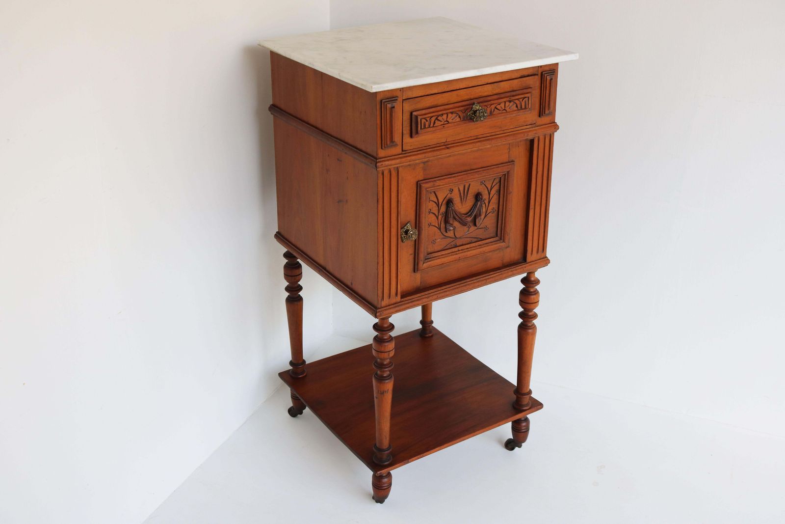 848.0 Antique Night Stand / Bedside Table 19th Century Fruitwood & Carrara Marble Top photo