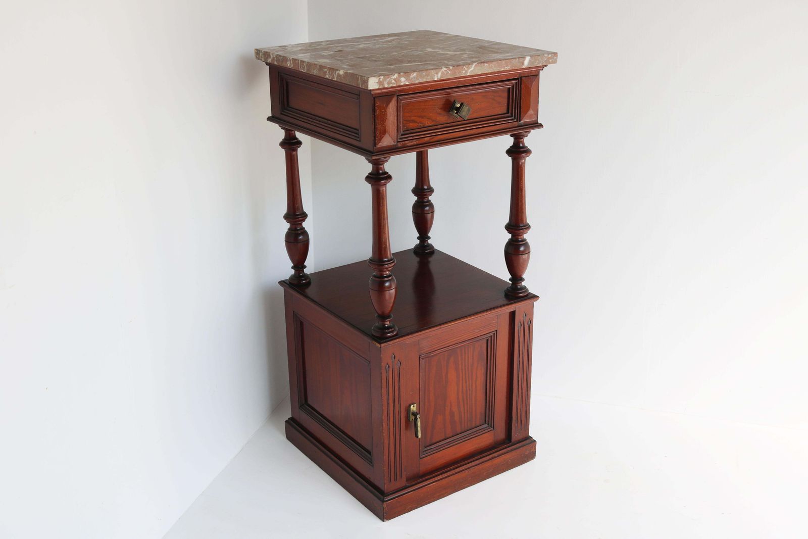 Antique French Night Stand / Bedside Table Pitchpine Red Belgian Marble Top 1900 photo 934.0