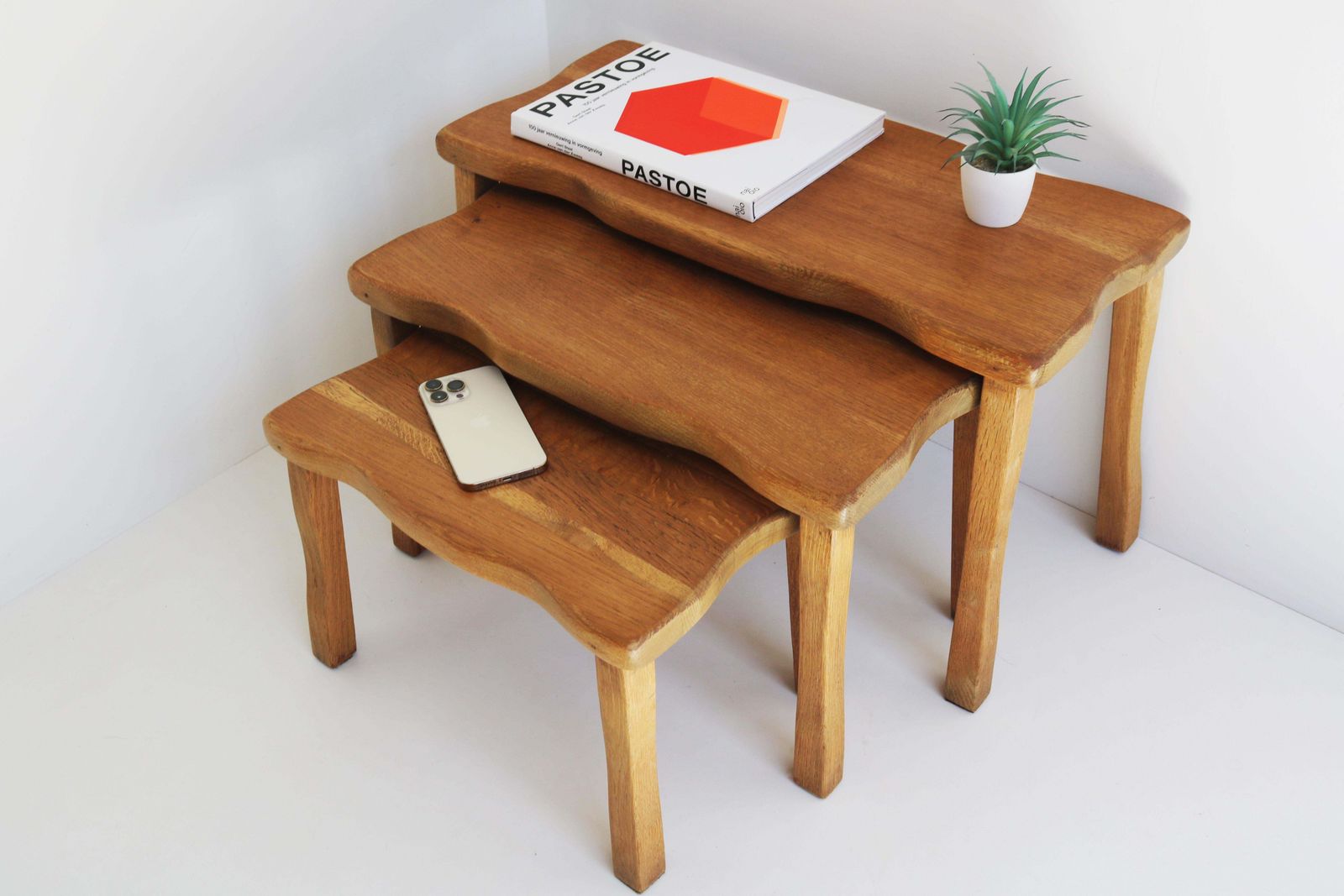 Set Of Brutalist Organic Nesting Tables Solid Oak European Free Form 1960 France photo for sale