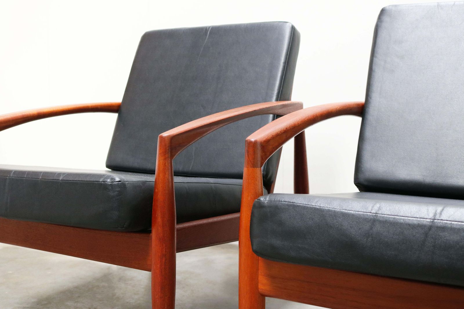 Pair Of Danish Design Paper Knife Lounge Chairs By Kai Kristiansen In Teak Black photo buy