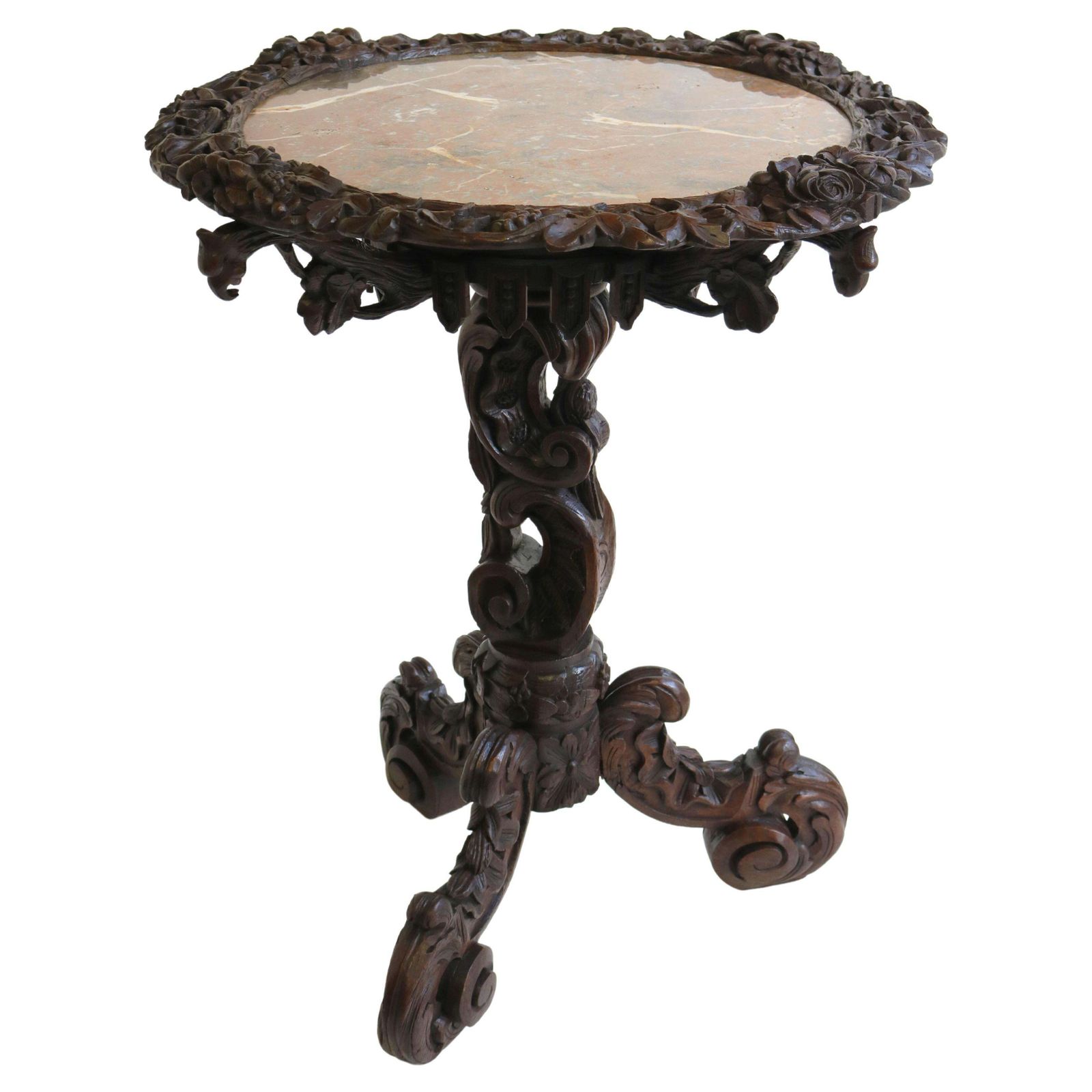 Antiek Zwart Woud 19e Eeuwse Side / End Tafel Jacht Gesneden Eiken & Marmeren Blad