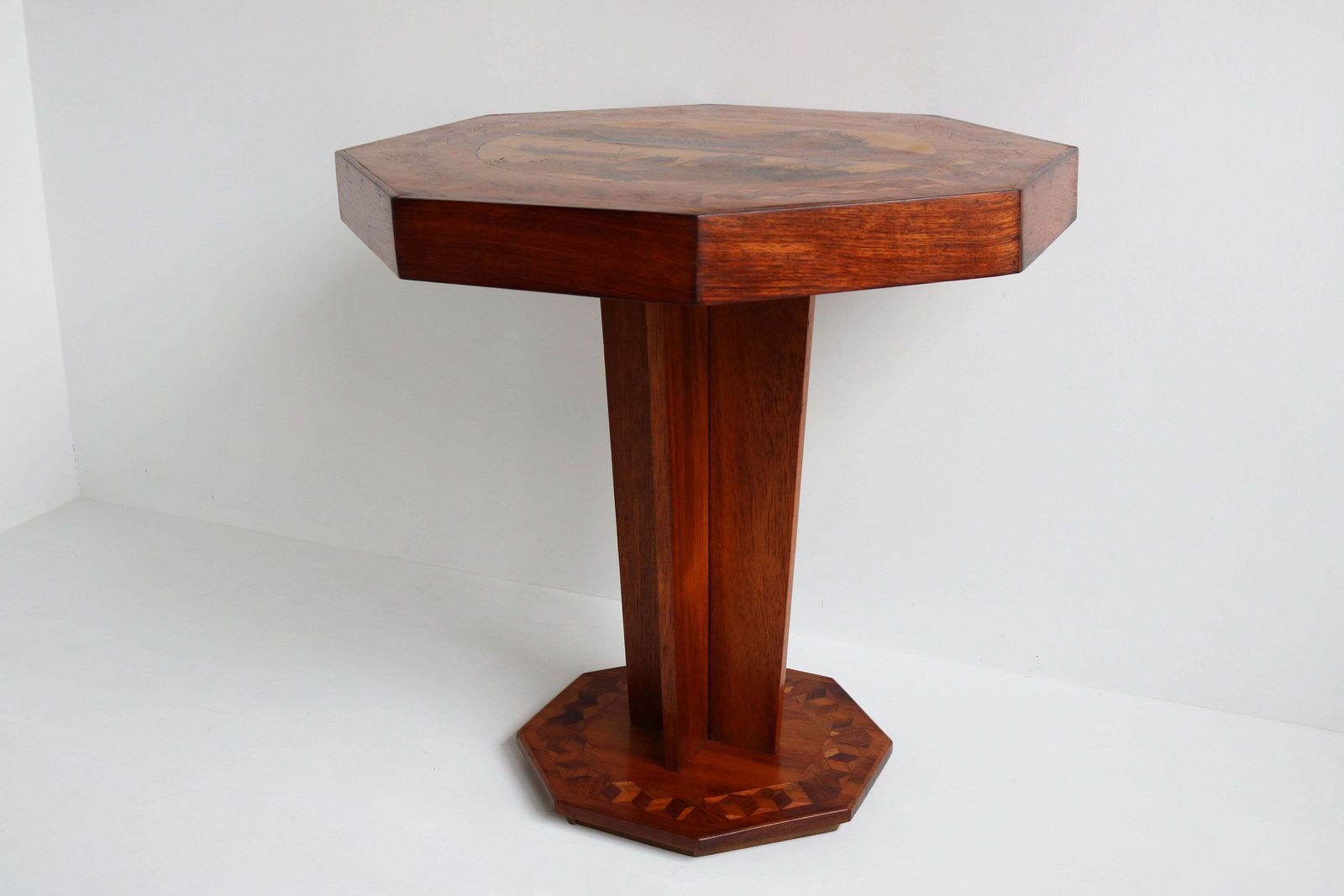 Antique French Art Deco Octagonal Side Table Geometric Oriental Scene 1930 Inlay photo for sale
