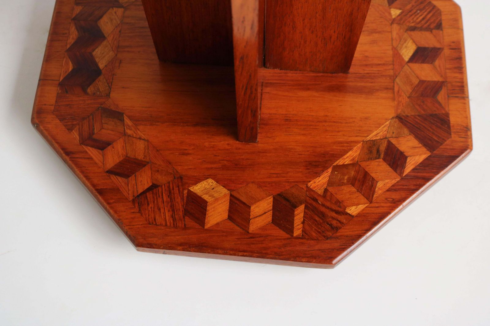 Antique French Art Deco Octagonal Side Table Geometric Oriental Scene 1930 Inlay photo vintage