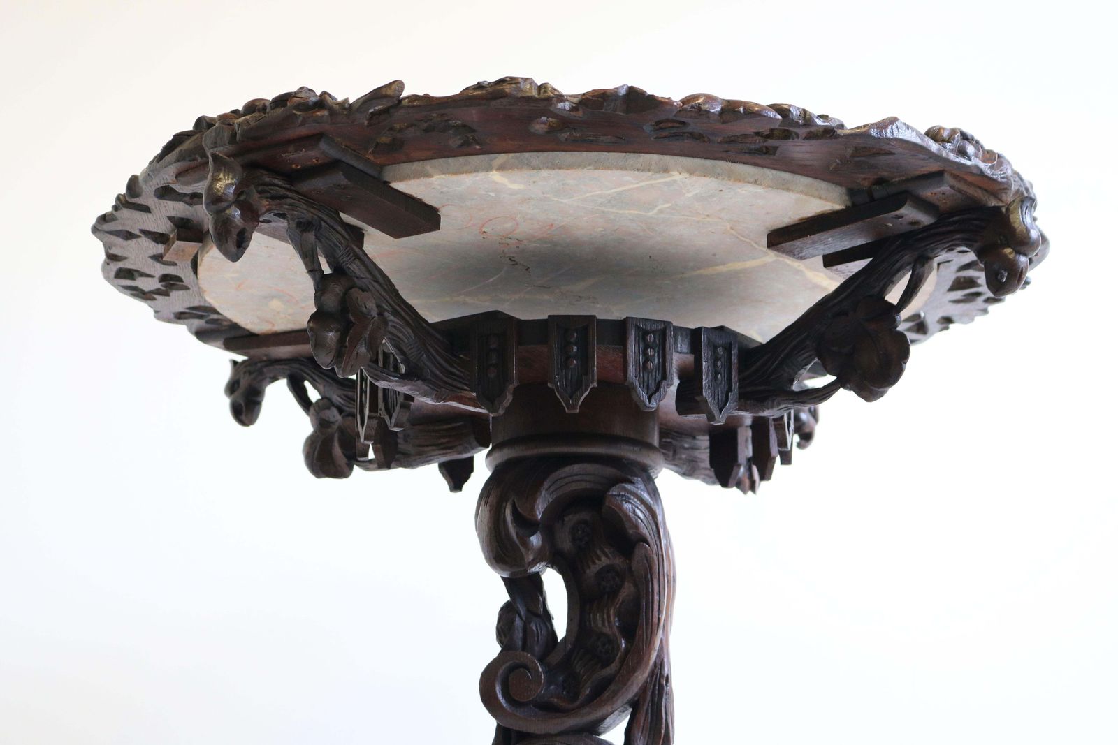 Furniture Antique Black Forest 19th Century Side / End Table Hunt Carved Oak & Marble Top photo