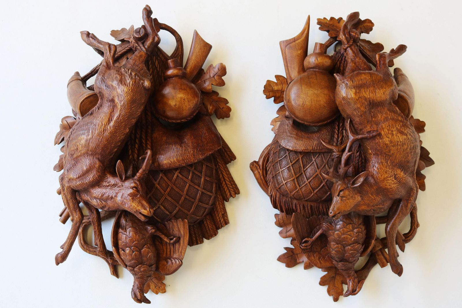 Pair Of 19th Century Swiss Carved Black Forest Trophy Plaques Hunting Deer Stag photo for sale