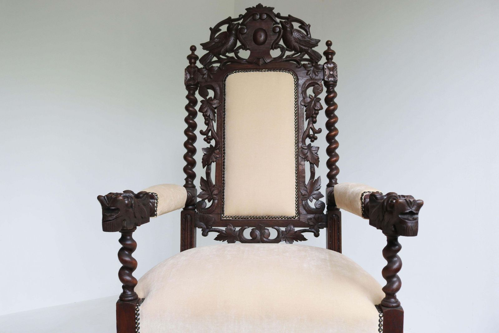 Antique French Renaissance Revival Arm Chair / Throne Chair Barley Twisted Hunt photo Furniture