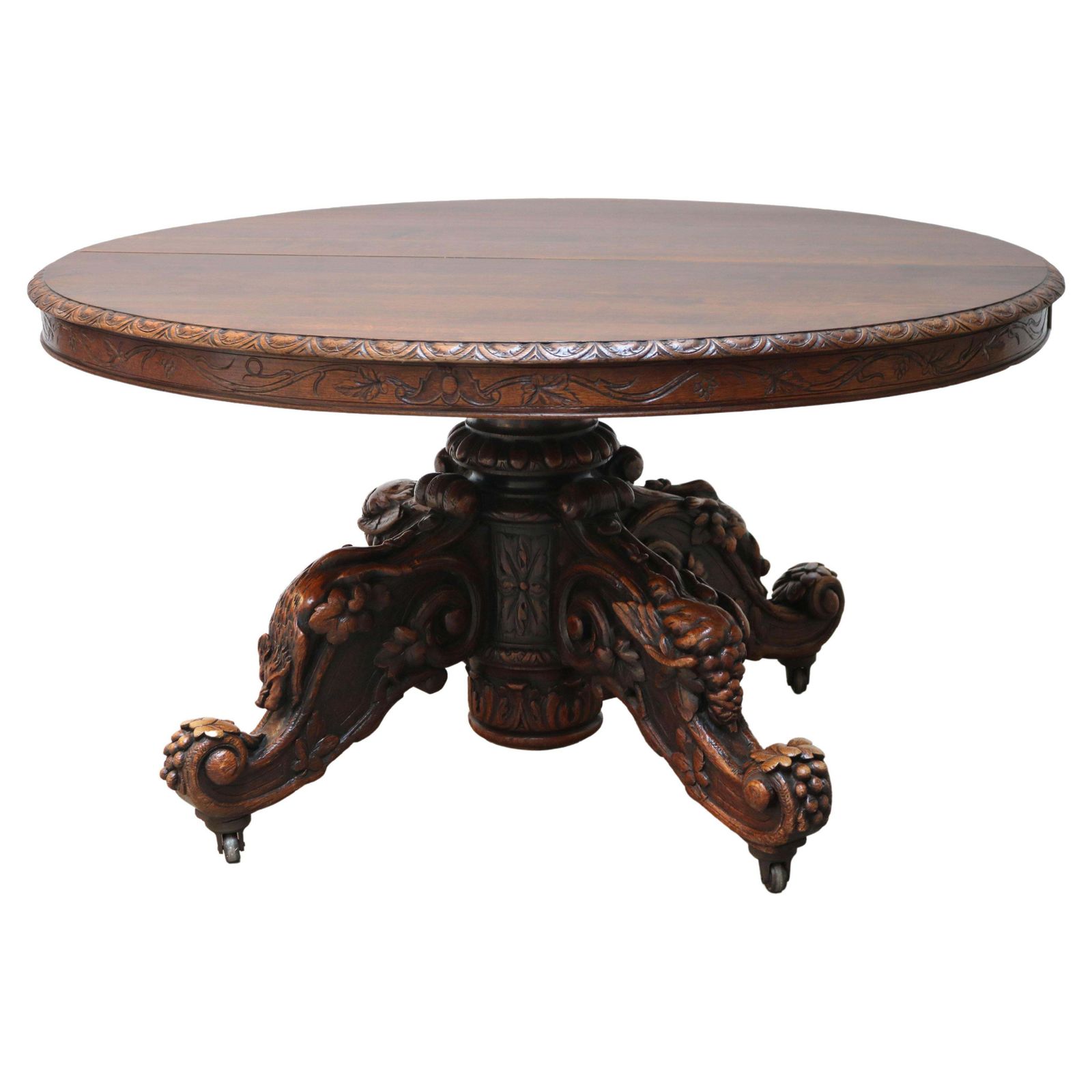 19th Century French Antique Oak Oval Dining Hunt Table Black Forest Hunt Trophy