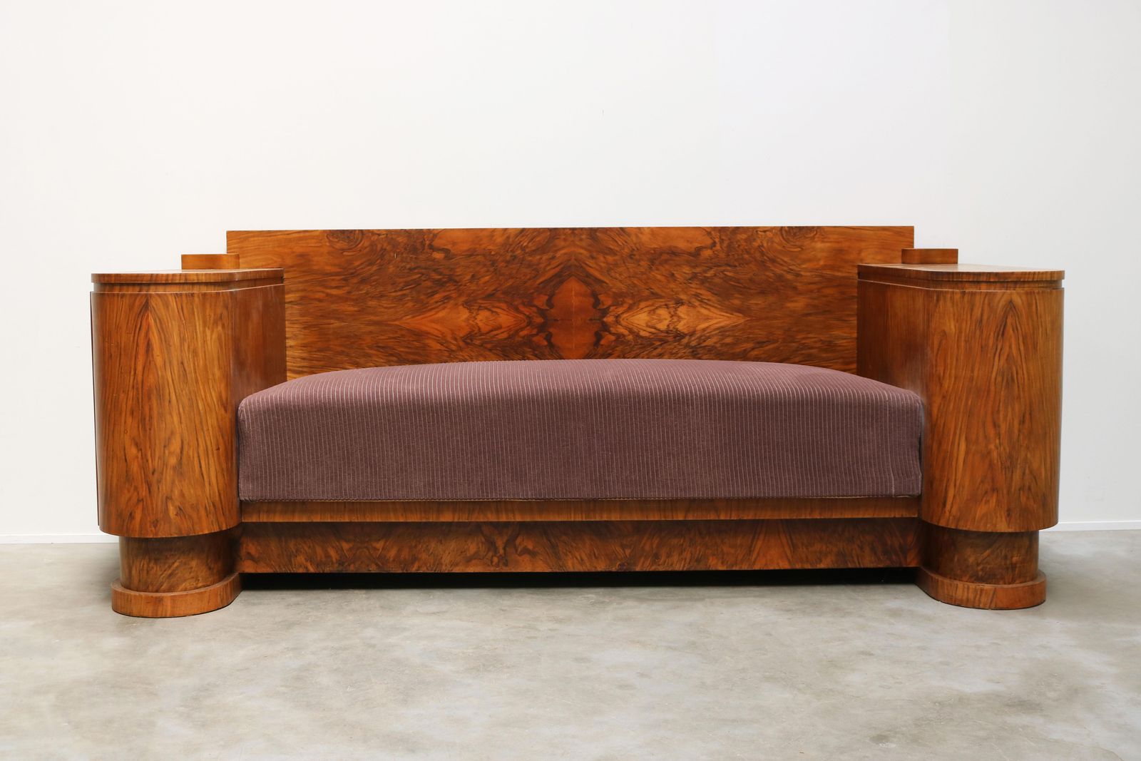 Dutch Art Deco Design Sofa By Pander 1930 Walnut Burl Wood With Display Cabinets photo for sale