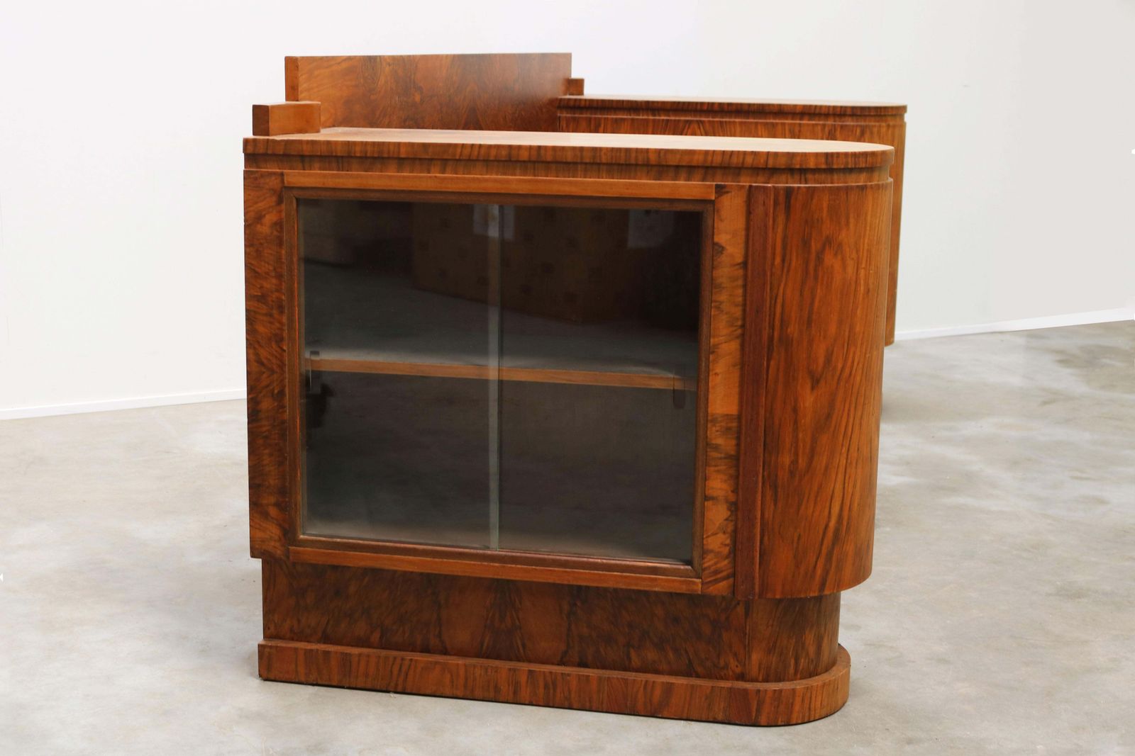 Dutch Art Deco Design Sofa By Pander 1930 Walnut Burl Wood With Display Cabinets photo vinterior