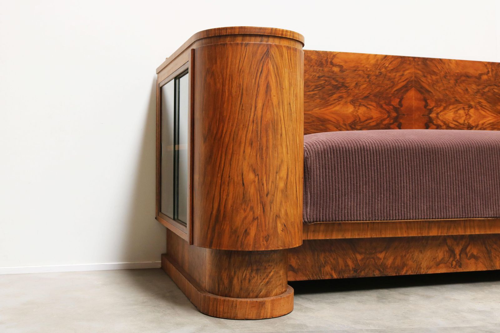 Dutch Art Deco Design Sofa By Pander 1930 Walnut Burl Wood With Display Cabinets photo vintage