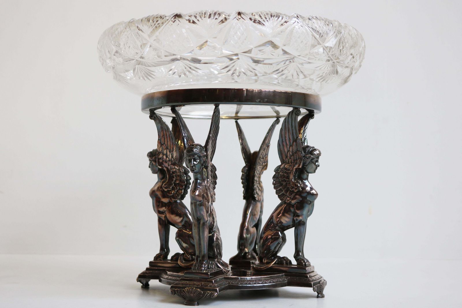 Antiek Wmf Art Nouveau Tafelstuk, Verzilverd Met Kristallen Glazen Schaal – Egyptian Revival photo Woonaccessoires
