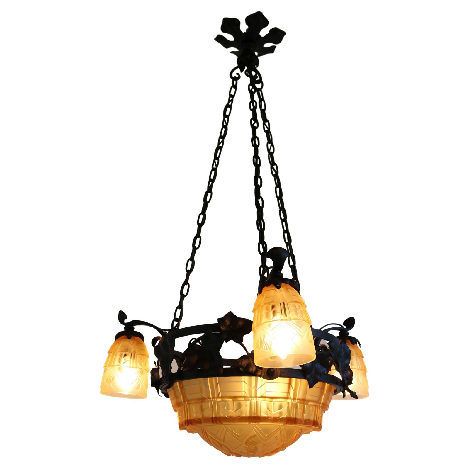 French Antique Wrought Iron Art Deco Chandelier 1930 Cut Glass Geometric Muller