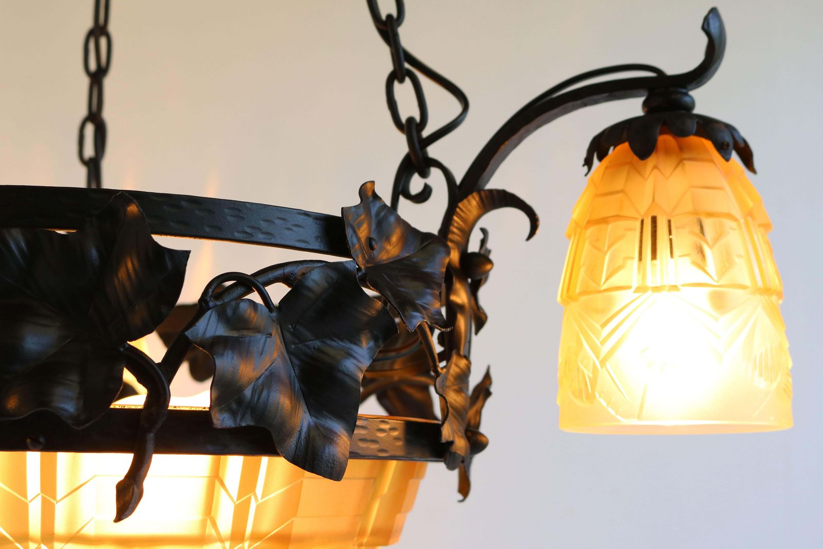 French Antique Wrought Iron Art Deco Chandelier 1930 Cut Glass Geometric Muller photo for sale