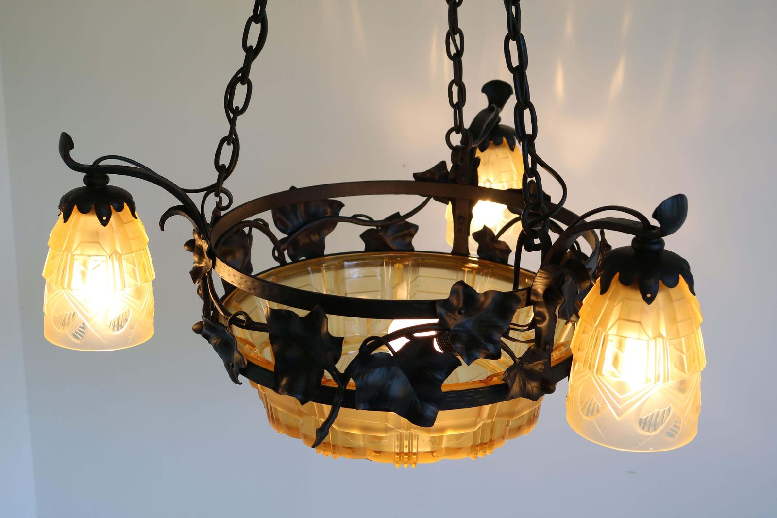 French Antique Wrought Iron Art Deco Chandelier 1930 Cut Glass Geometric Muller photo vinterior