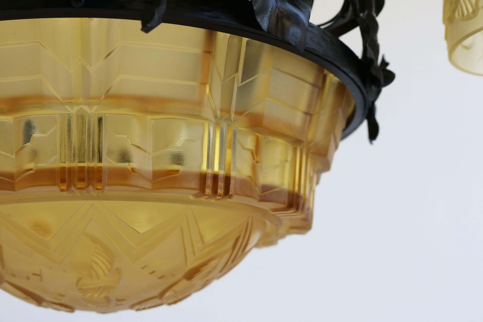 Lighting French Antique Wrought Iron Art Deco Chandelier 1930 Cut Glass Geometric Muller photo