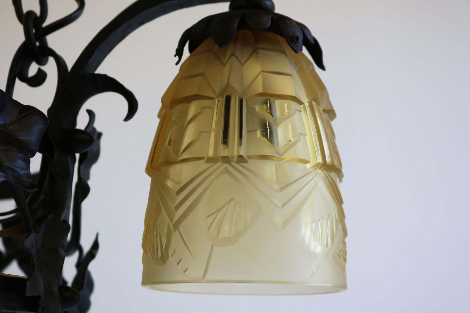 photo vinterior French Antique Wrought Iron Art Deco Chandelier 1930 Cut Glass Geometric Muller