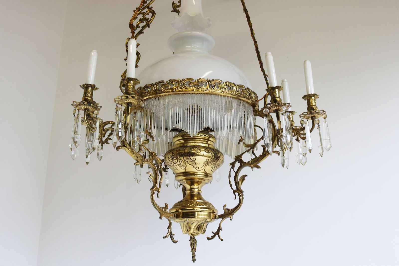 Antique French 19th Century Victorian Oil Lamp Chandelier Brass Opaline Hanging photo for sale
