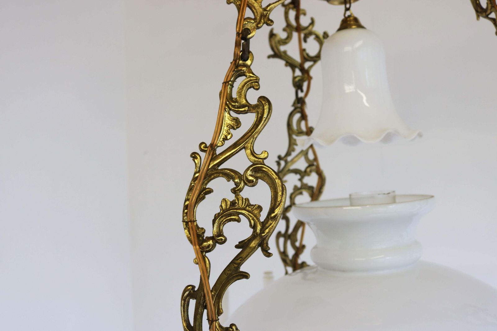 Lighting Antique French 19th Century Victorian Oil Lamp Chandelier Brass Opaline Hanging photo