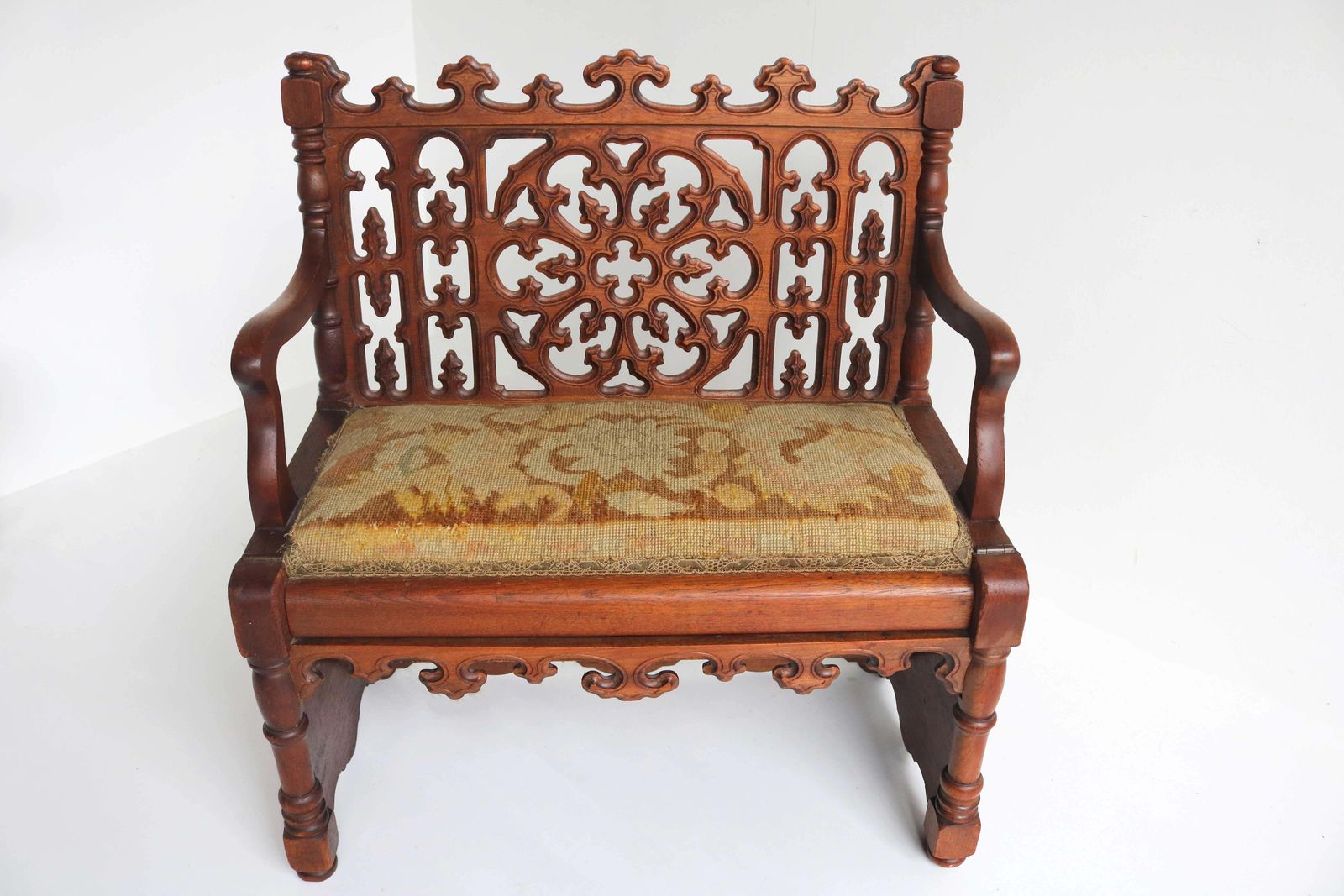 Petite Antique French Gothic Revival Wood Hall Bench Child Settle Library Steps photo for sale
