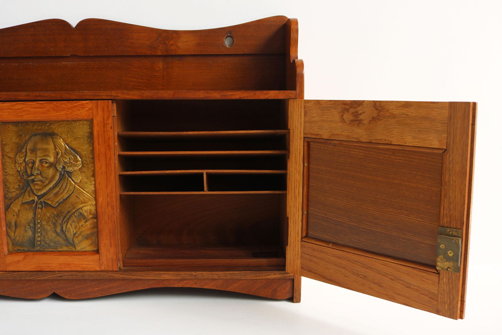 photo for sale English Arts And Crafts Wall Cabinet Brass Oak Shakespeare 1910 Tobacco / Pipe