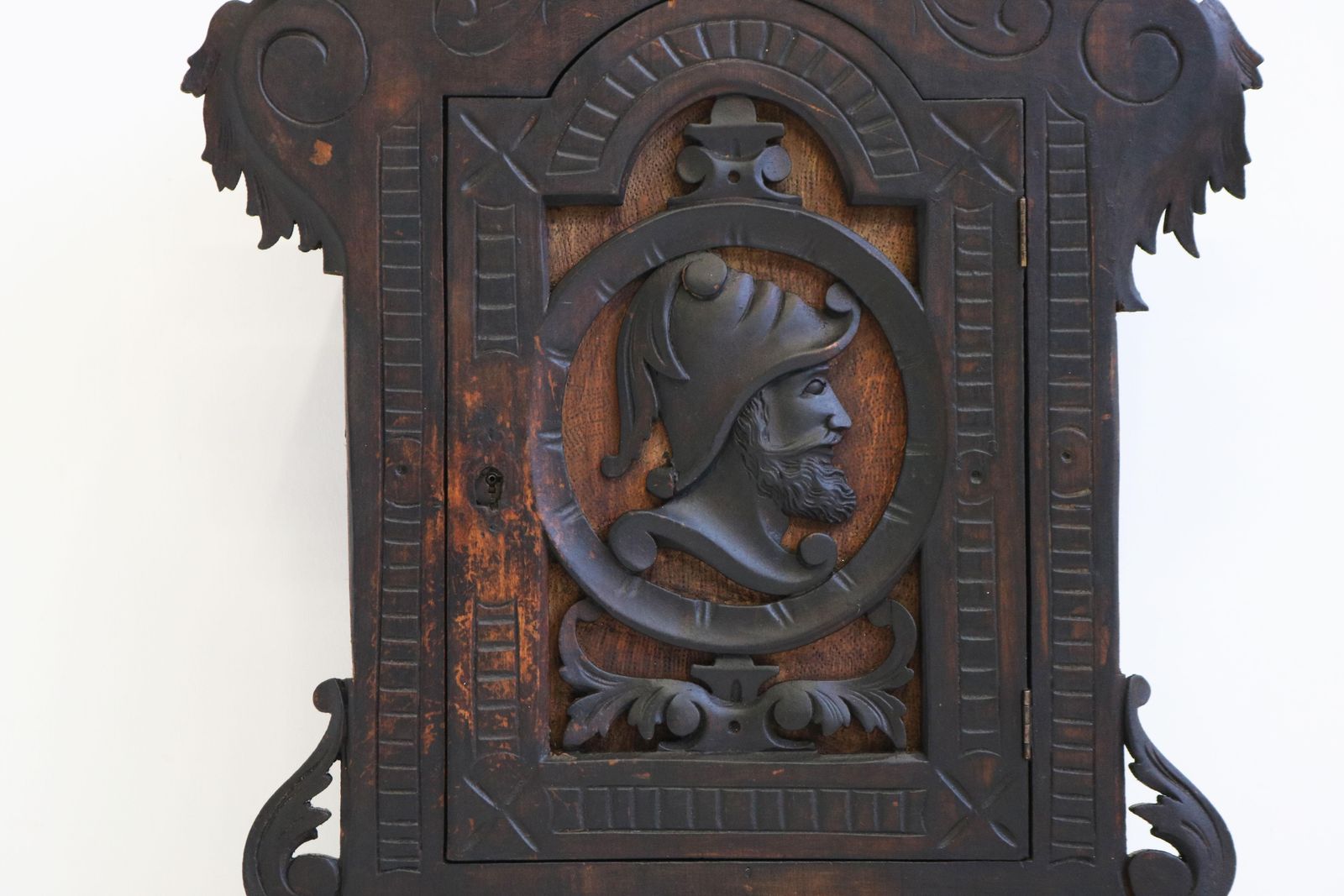 Antique 19th Century Spanish Wall Cabinet With Knight Dark Patina Classical photo for sale