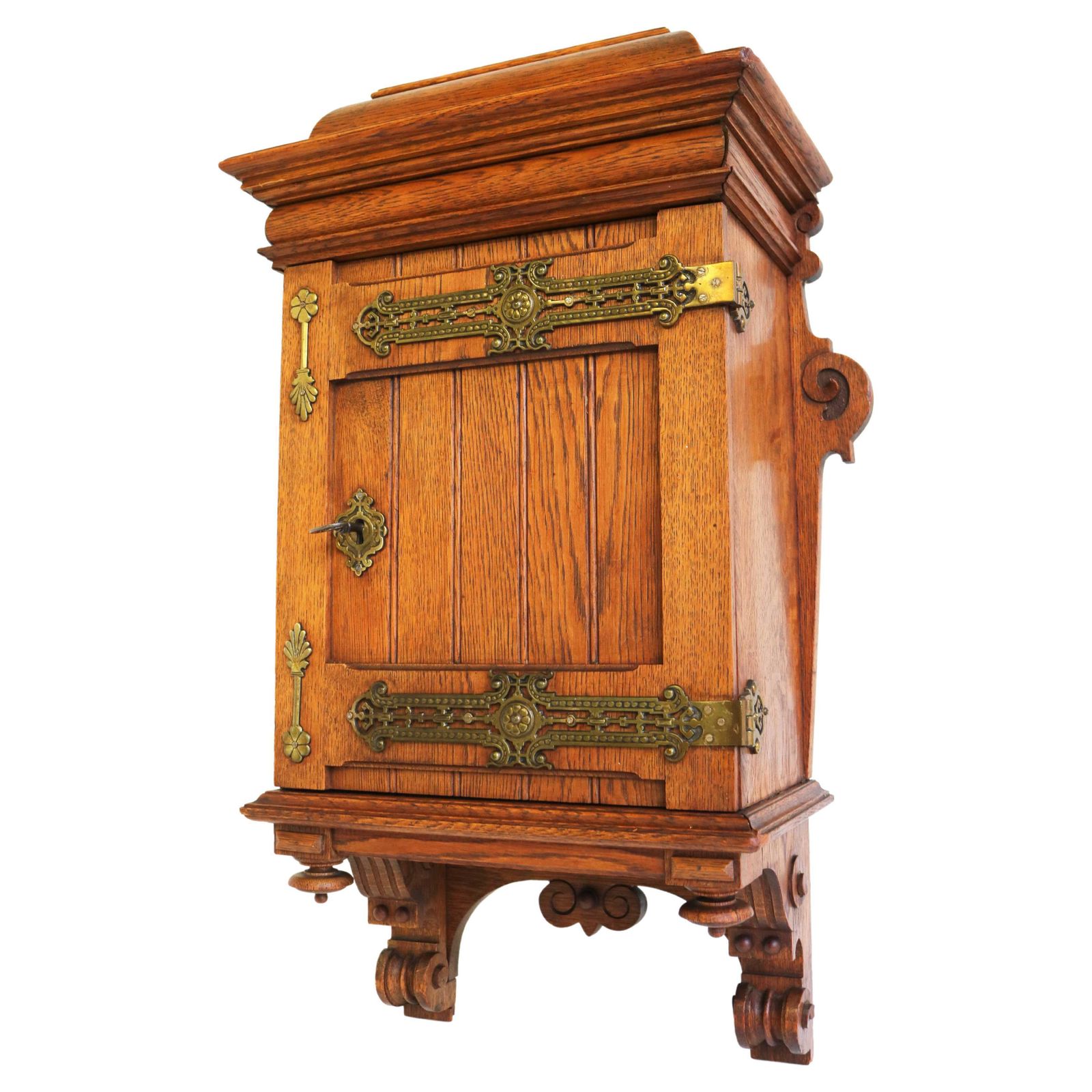 Antique Arts And Crafts Hand Carved Small Wall Cabinet European Oak Brass, 1900s