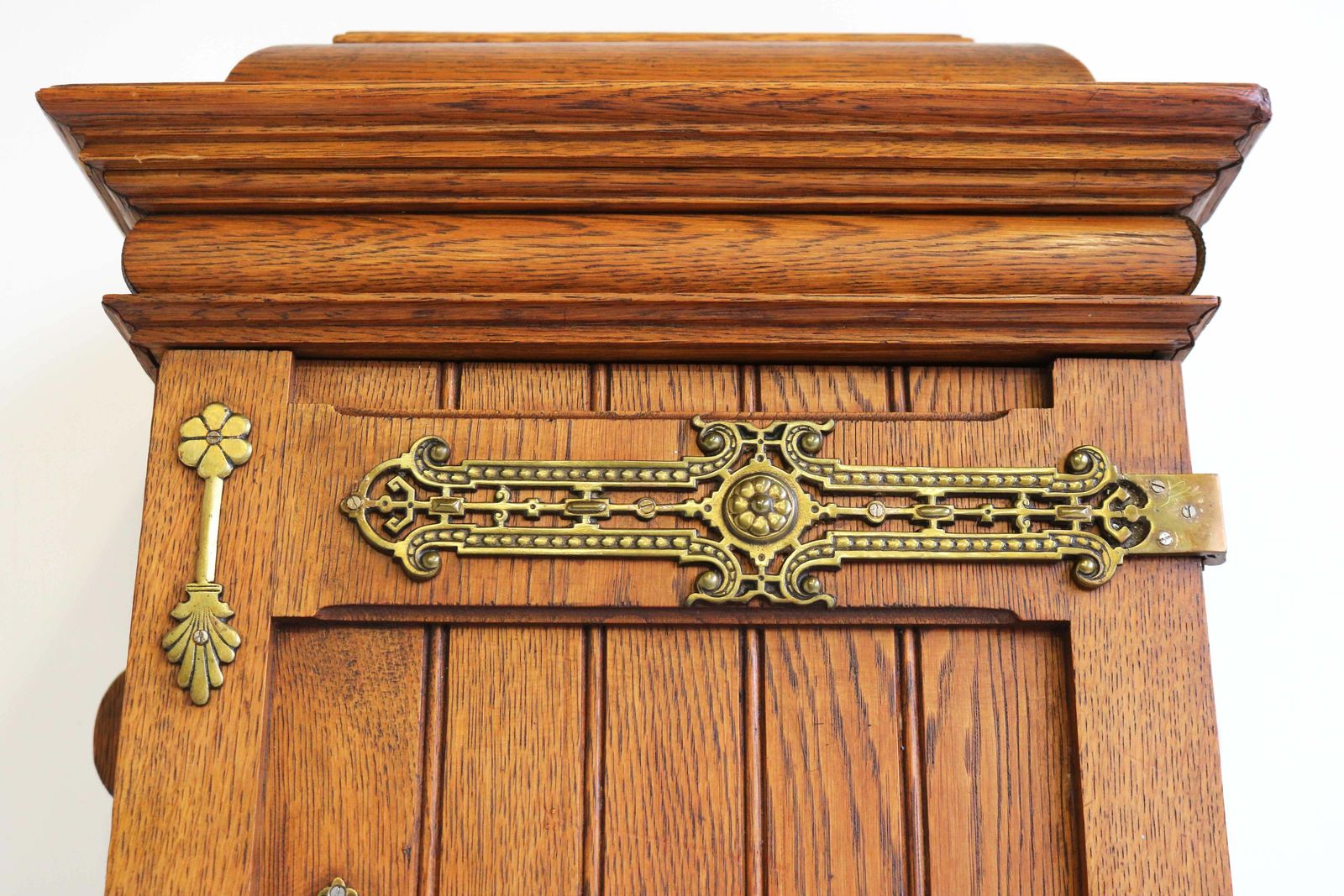 Antique Arts And Crafts Hand Carved Small Wall Cabinet European Oak Brass, 1900s photo for sale