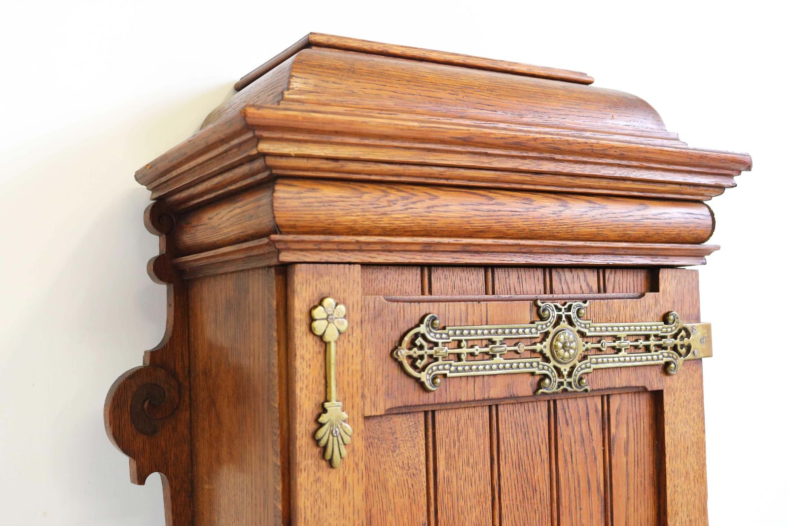 Antique Arts And Crafts Hand Carved Small Wall Cabinet European Oak Brass, 1900s photo 1702.0