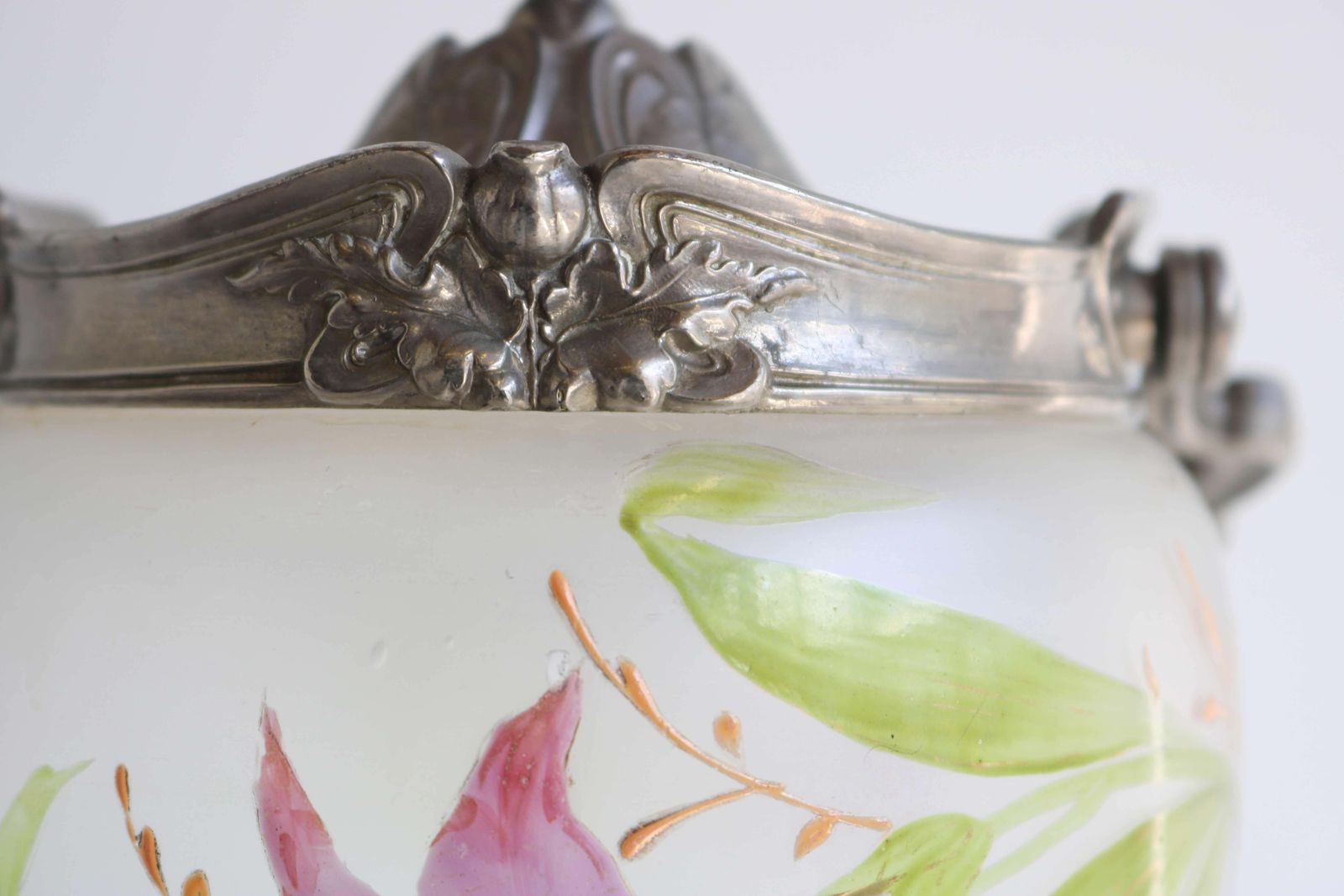 Antique Floral Hand Painted Enameled Glass Biscuit Box, Art Nouveau, France photo for sale