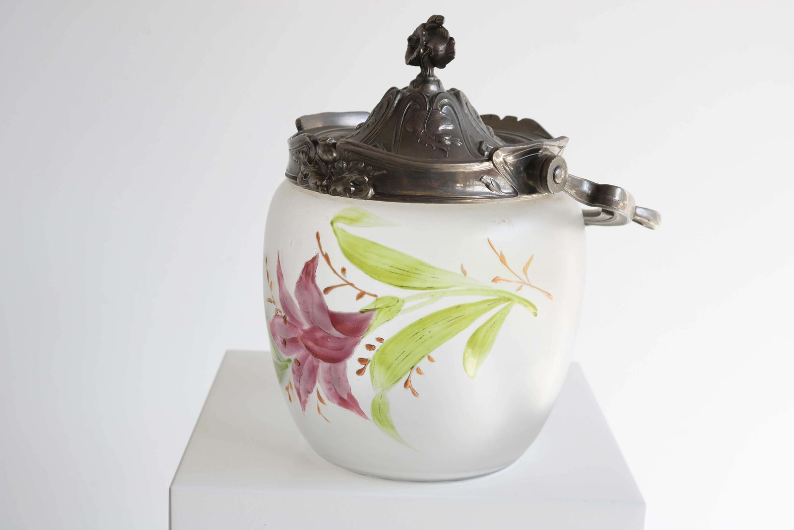 1360.0 Antique Floral Hand Painted Enameled Glass Biscuit Box, Art Nouveau, France photo