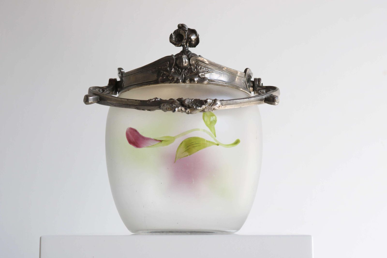 photo vinterior Antique Floral Hand Painted Enameled Glass Biscuit Box, Art Nouveau, France