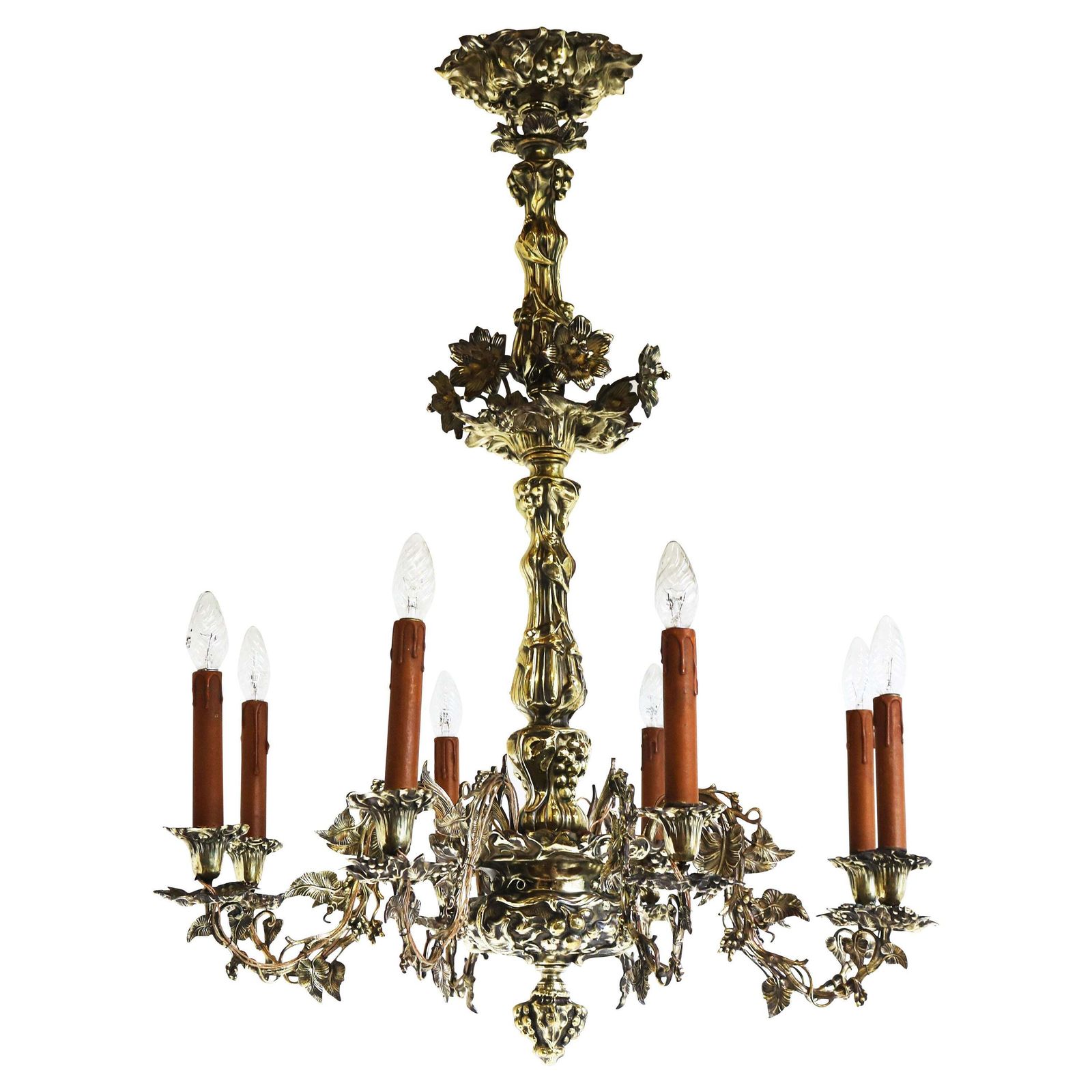 French Art Nouveau Hammered Brass Chandelier 1890 Antique 8 Lights Gold Floral