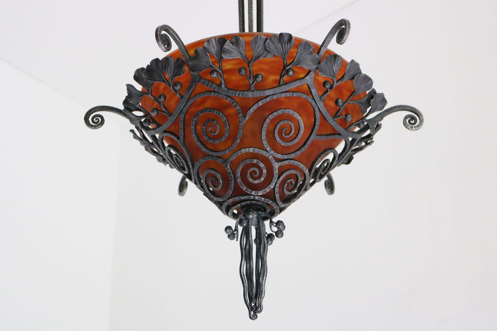 French Art Deco Wrought Iron Chandelier By Edgar Brandt & Daum Nancy 1920 Glass photo furniture