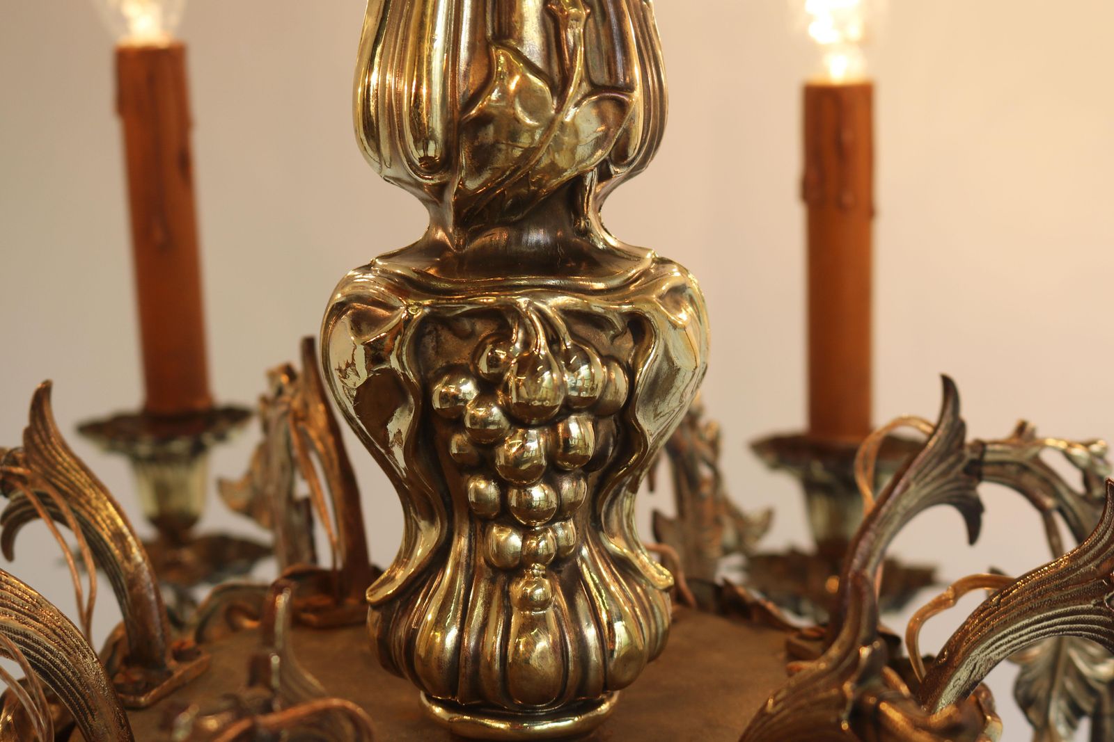 photo for sale French Art Nouveau Hammered Brass Chandelier 1890 Antique 8 Lights Gold Floral