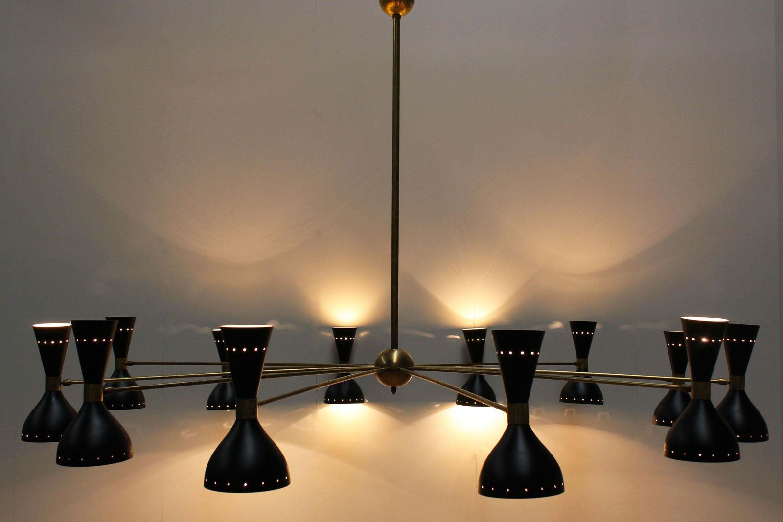 Pair Of Massive Minimalist Italian Design Chandeliers 1950s Brass Stilnovo Style photo vintage