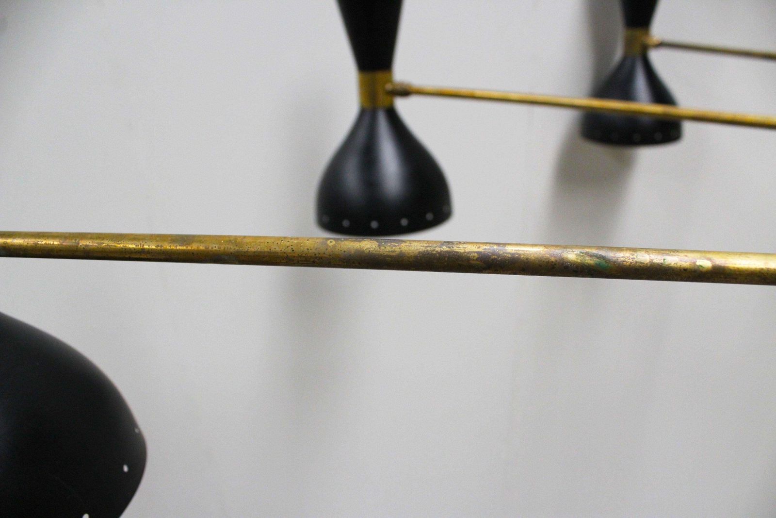Lighting Pair Of Massive Minimalist Italian Design Chandeliers 1950s Brass Stilnovo Style photo