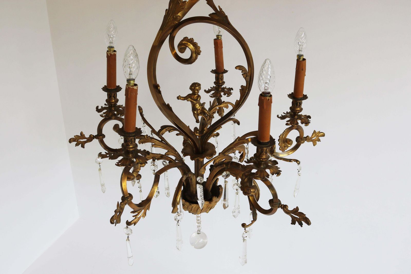 photo vintage Antique French Gilded Bronze Louis XV / Rococo Style Chandelier 1880 Lamp Glass