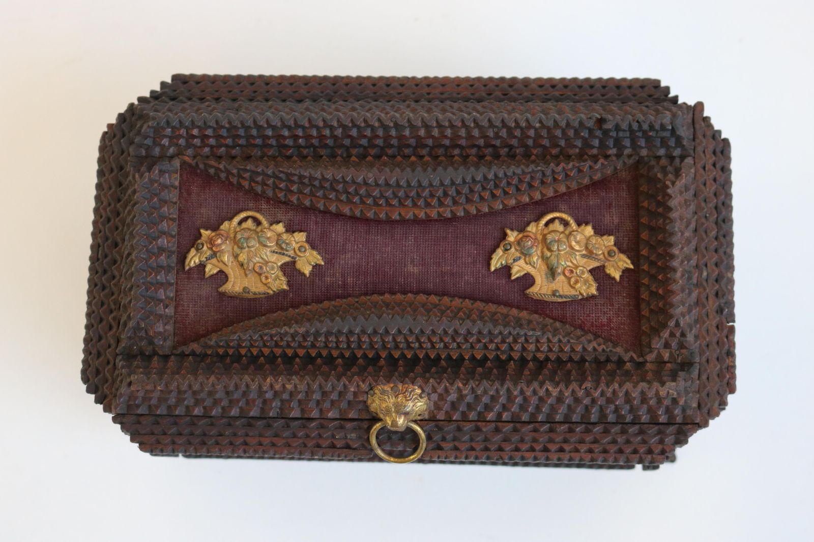 Antique Tramp Art Box / Jewelry Box Carved Brass 1893 Chip Carved War Decoration photo vintage