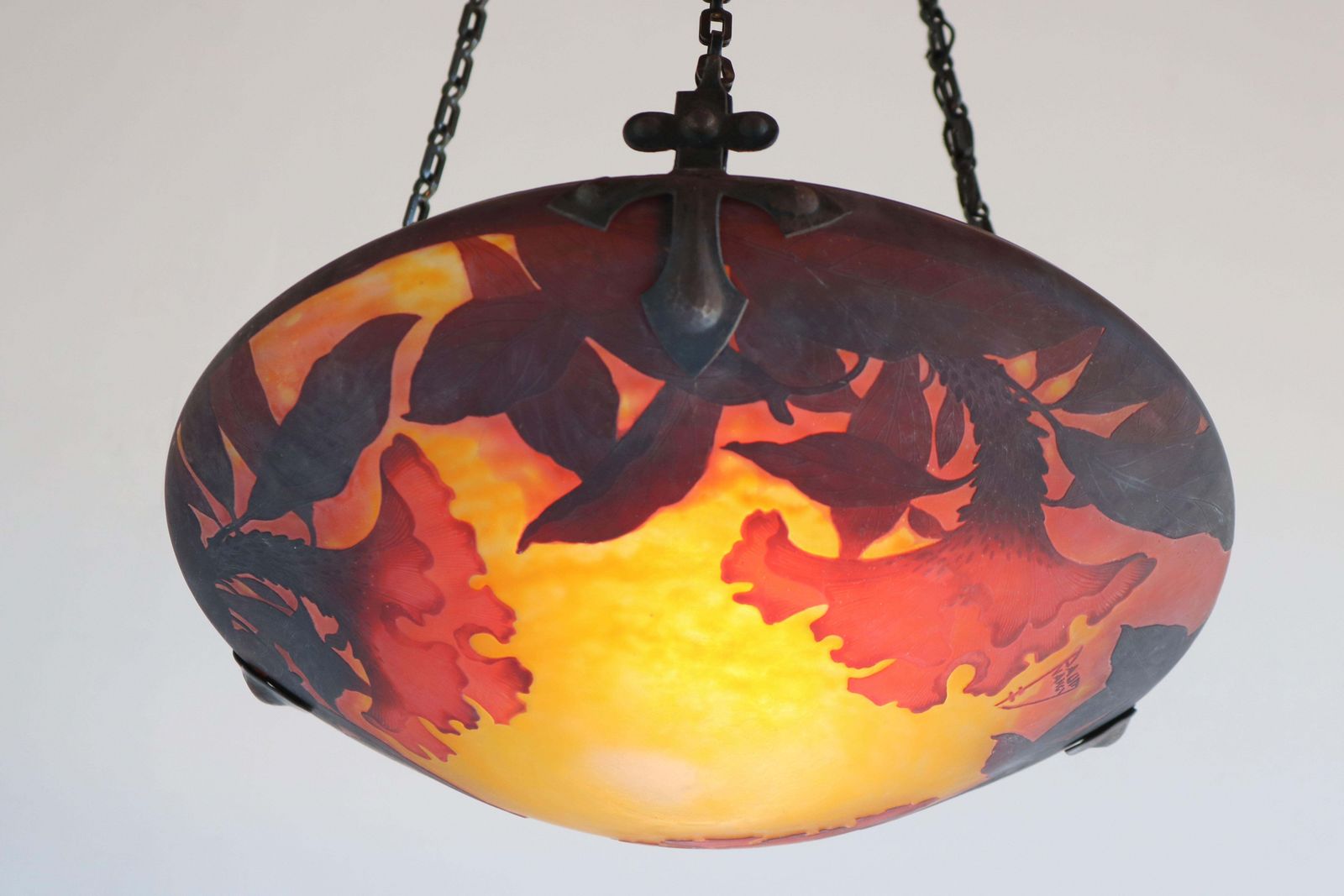 French Daum Nancy 1910 Art Nouveau Chandelier / Pendant Light A2 Cameo Floral photo vinterior