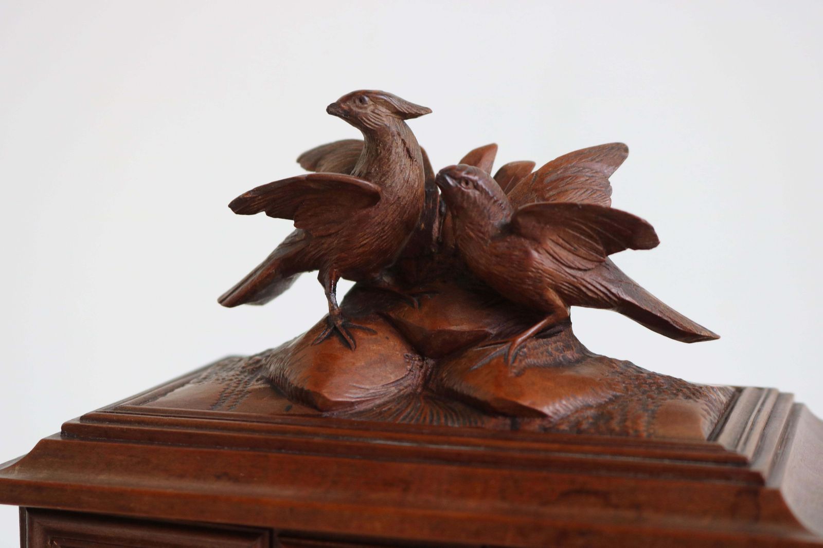 photo furniture Antique 19th Century Swiss Black Forest Jewelry Box Fruitwood Birds Band Carved