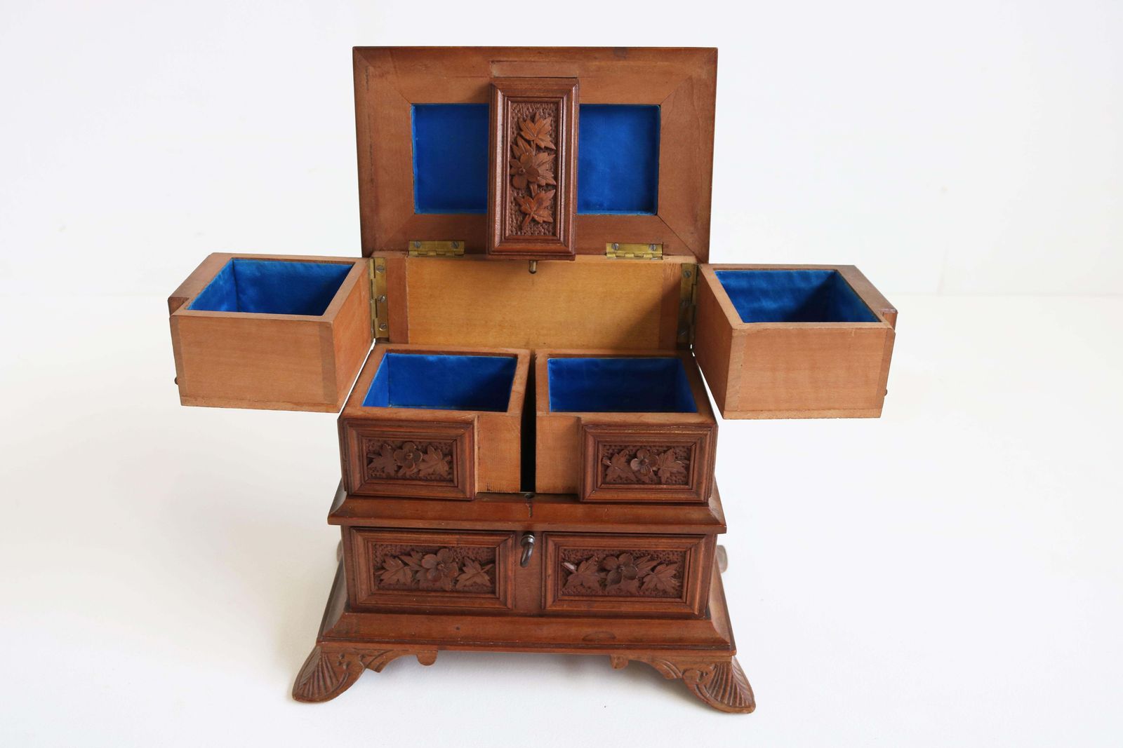 Home Decor Antique 19th Century Swiss Black Forest Jewelry Box Fruitwood Birds Band Carved photo