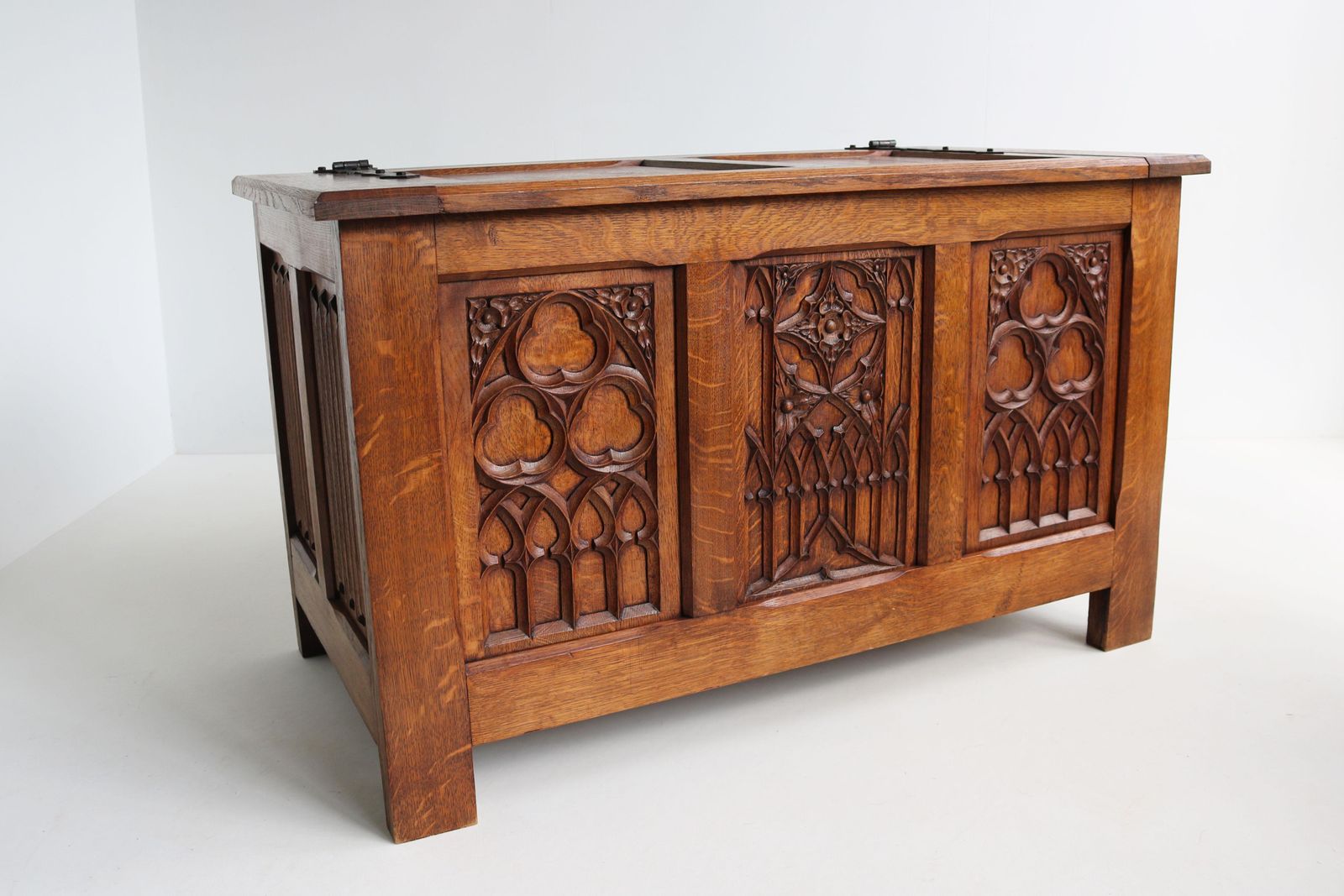Antique French 19th Century Gothic Revival Blanket Chest Carved Oak Forged Iron photo Furniture