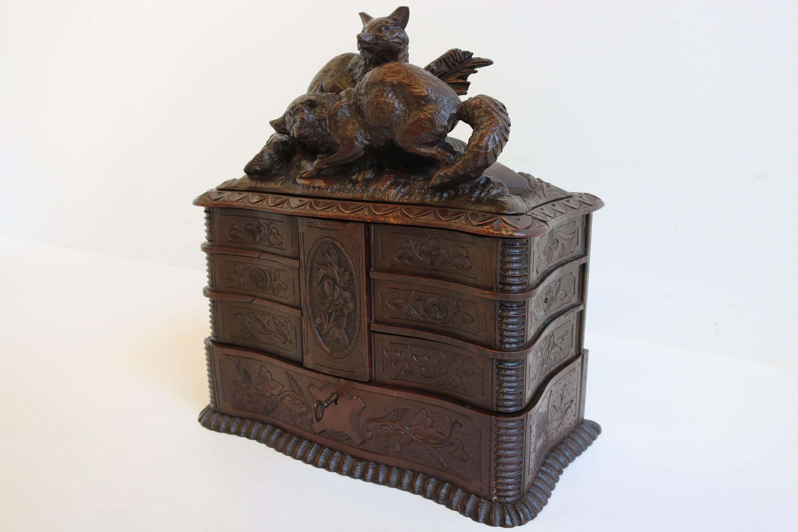 Rare Antique 4 Tier Black Forest Jewelry Box Fruitwood 19th Century Hand Carved photo 2724.0